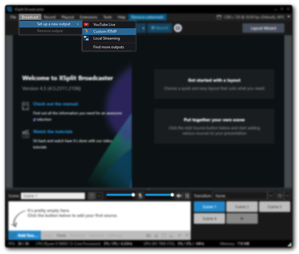 XSplit Custom RTMP Setting Location