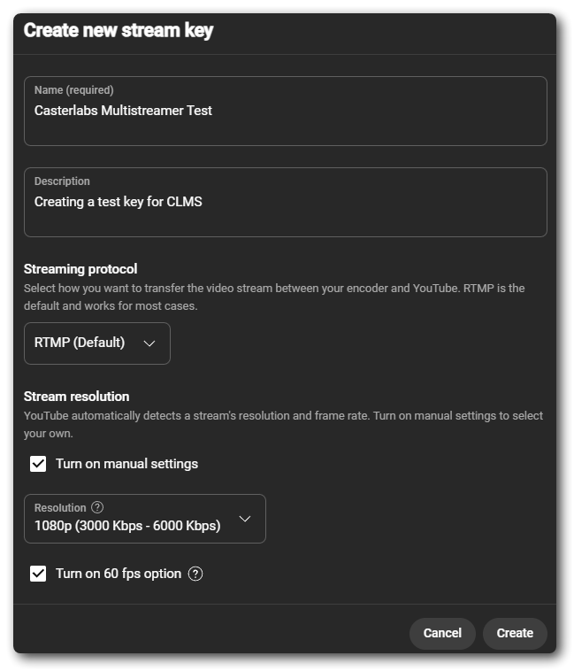 Youtube Create Stream Key